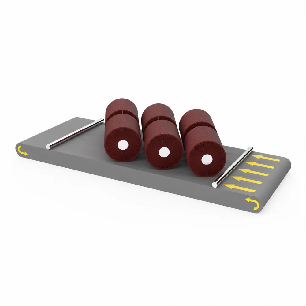 Rotary abrasive brush arrangement over a conveyor for sheet metal edge rounding