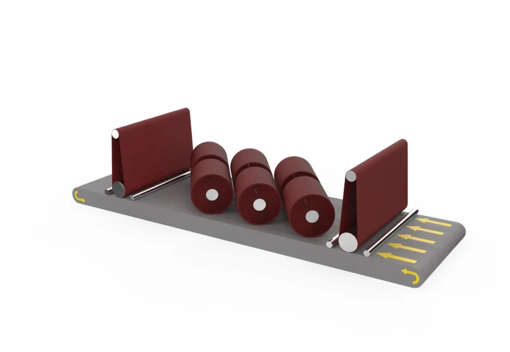 Diagram of abrasive-belt and brush-roller stations above a metal cleaning conveyor