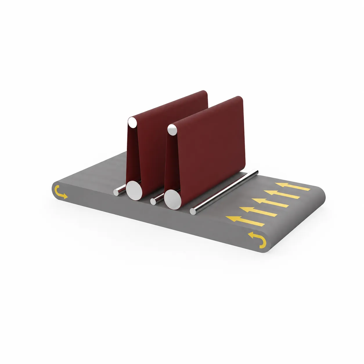 Diagram of two abrasive-belt stations above a conveyor for sheet metal deburring