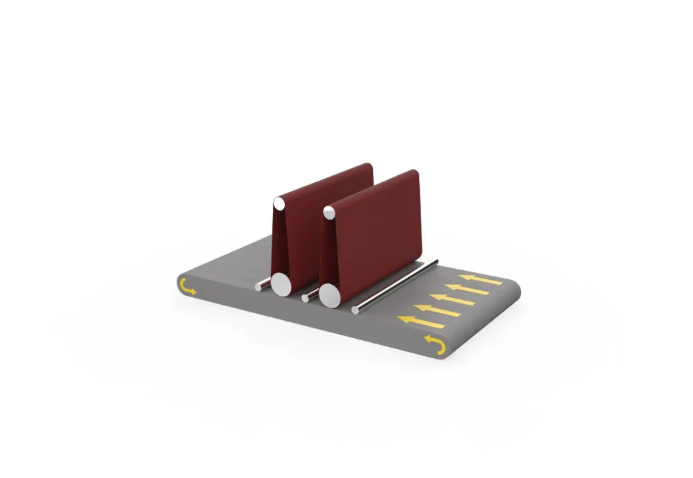 Diagram of two abrasive-belt stations above a sheet metal conveyor