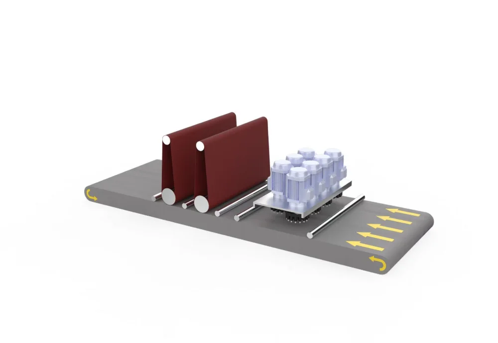Diagram of abrasive-belt stations followed by rotary tools above a conveyor