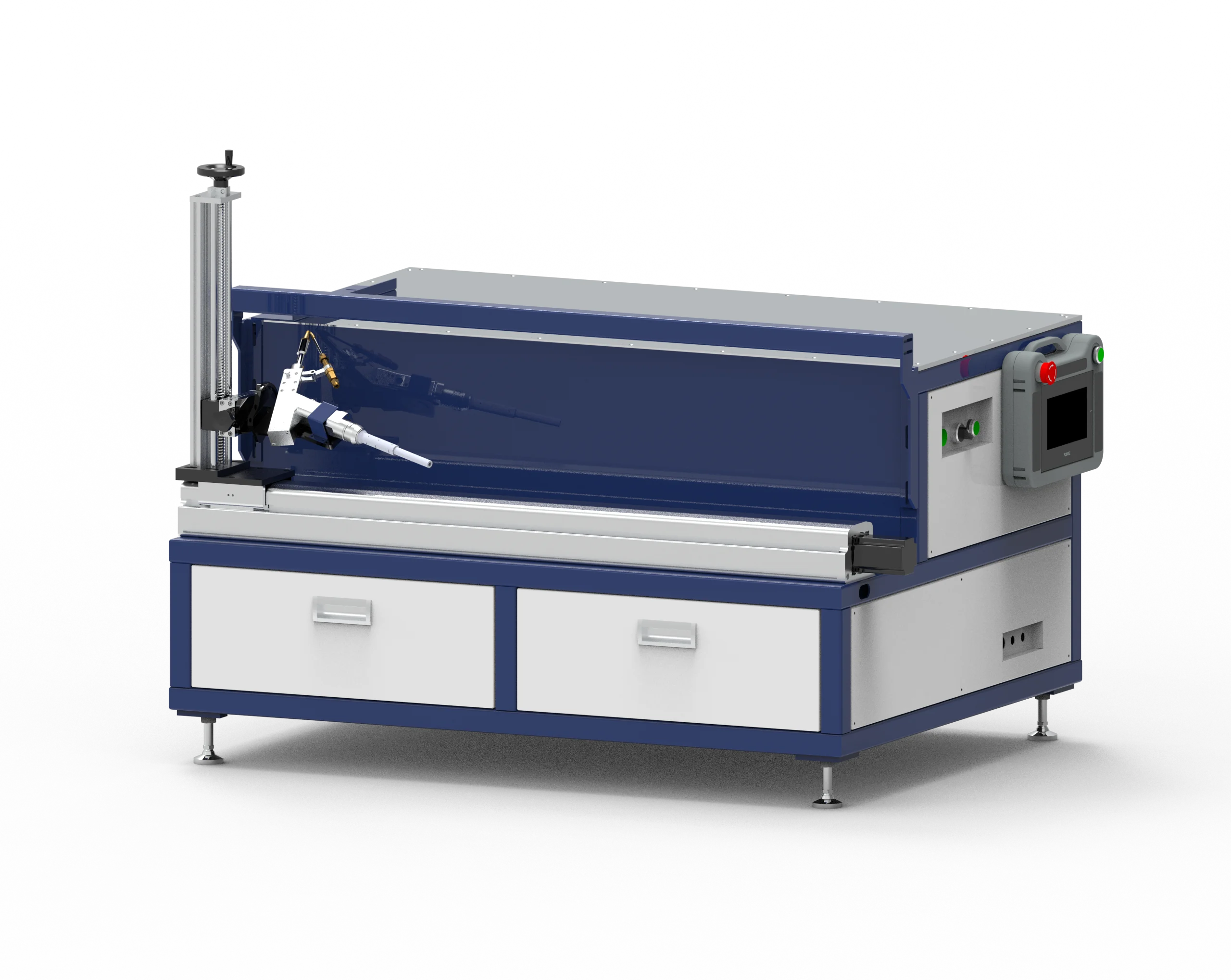 Horizontal welding platform with a front linear guide, adjustable welding-head support and side control panel