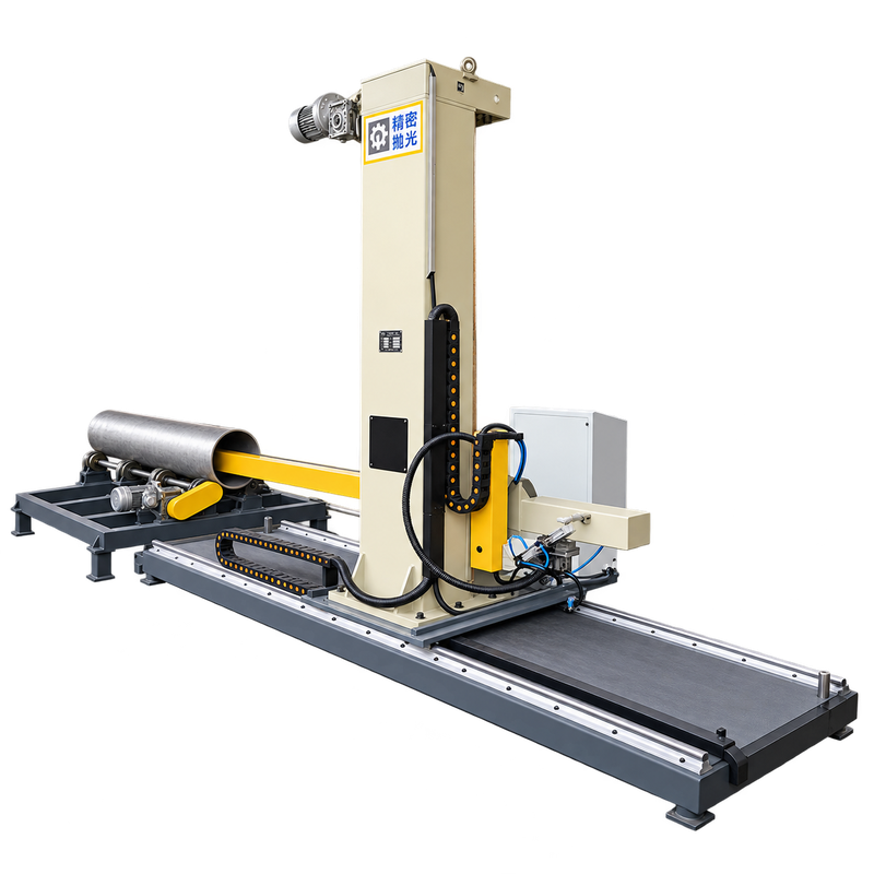 Side view of an internal tube polishing machine with a vertical column and long support bed