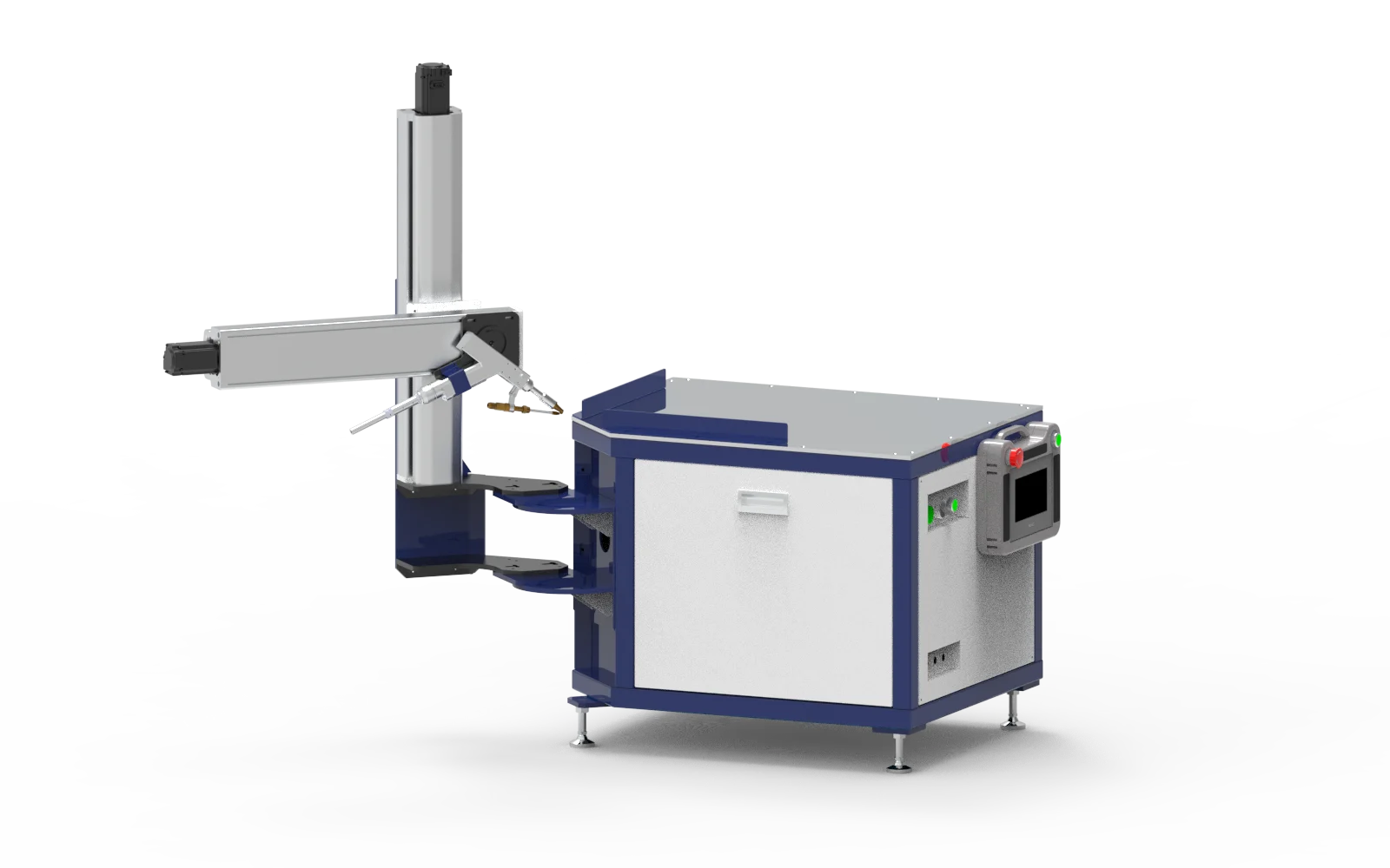 Vertical corner welding platform showing the upright column, welding-head arm, worktable and control panel