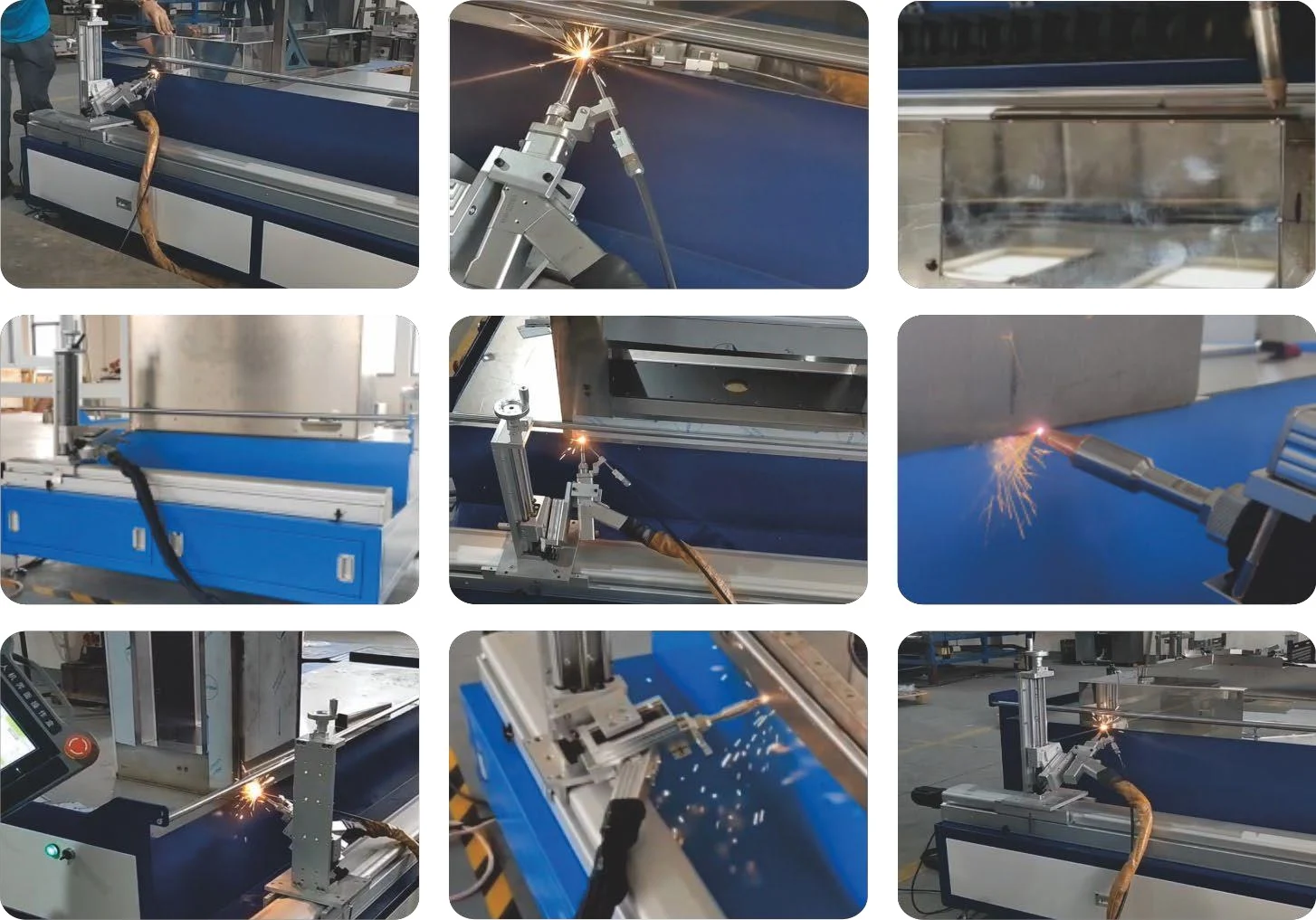 Horizontal straight seam welding platform processing sheet metal enclosures with fixture-mounted welding heads