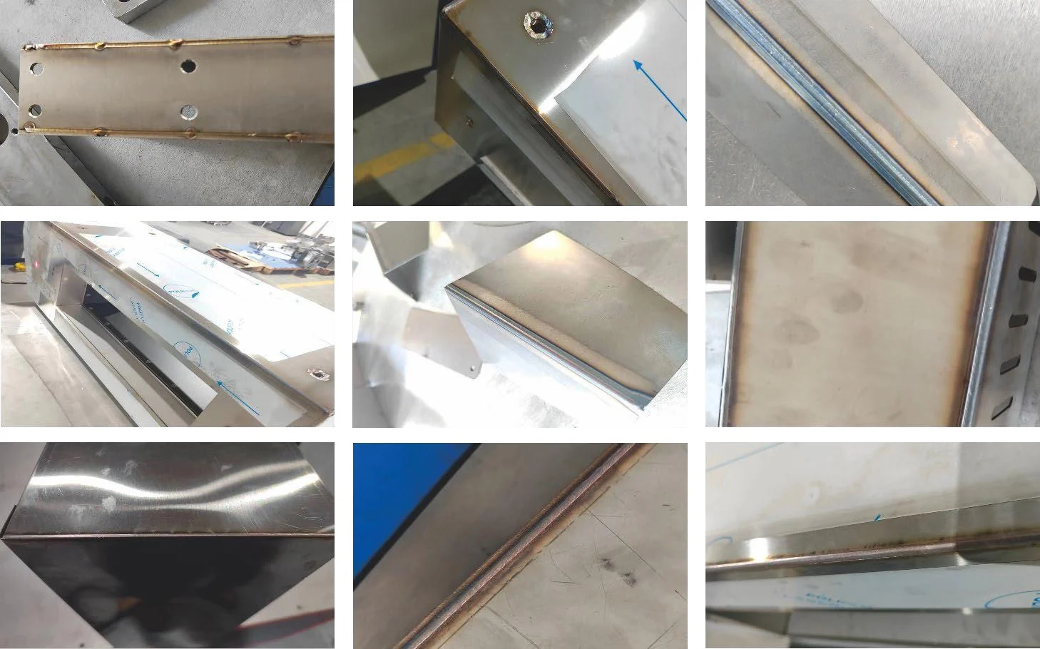 Reference weld samples showing straight seams and external-corner joints on fabricated metal components